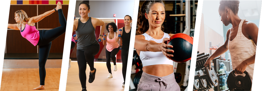 Left to right,  a woman in pink tank top in a fitness class, a woman doing chest press with weighted ball, a woman in a fitness class with small hand weights, a GoodLife Fitness trainer correcting client’s bicep curl form