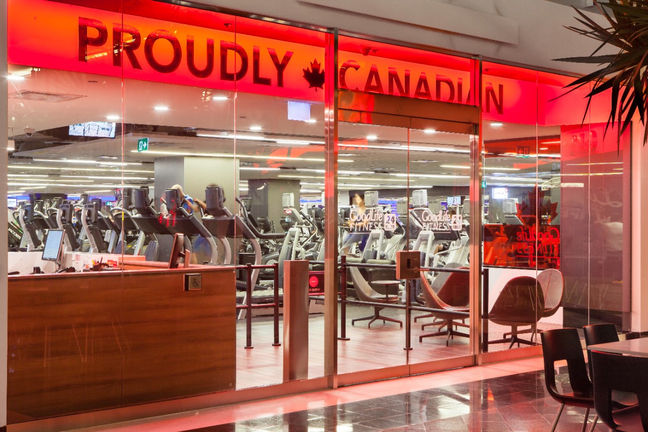 Childminding area in a GoodLife Fitness Club with a mural on the wall and equipment for kids