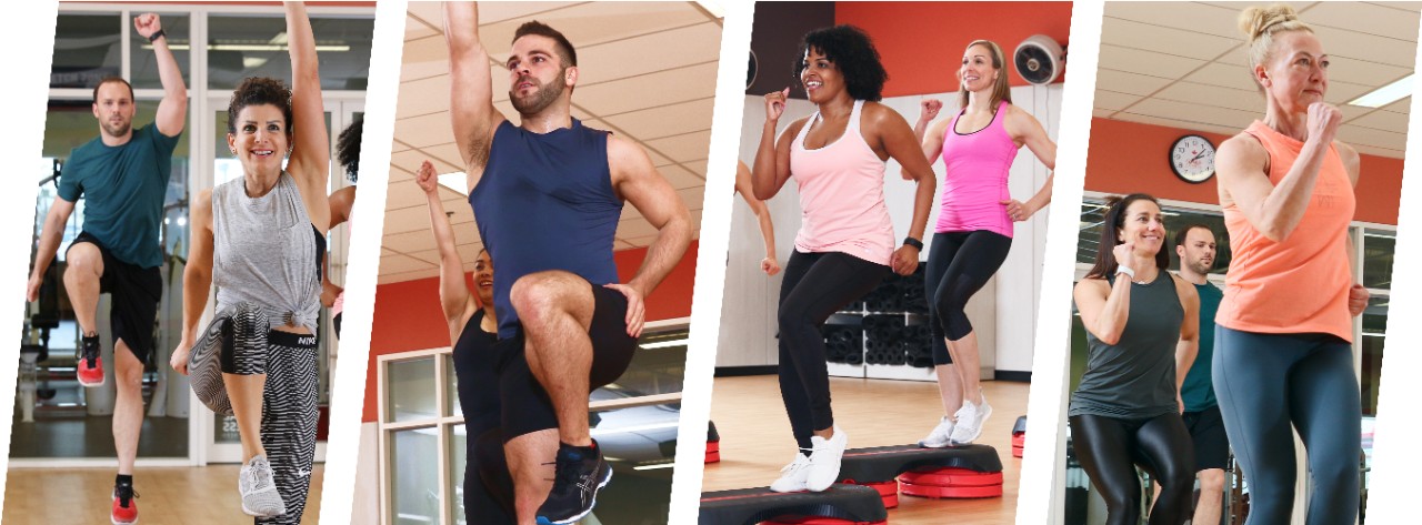 Four images of group fitness classes